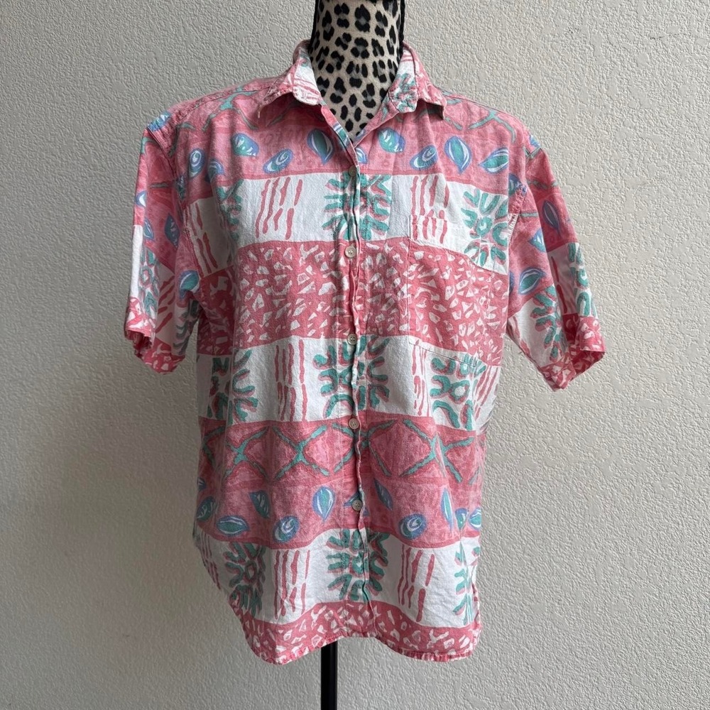 Kyoto Kasuals vintage pink, white button up shirt women's size L